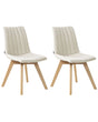 Set of 2 Chairs Off-White Polyester Fabric Light Solid Wood Legs Vertical Padding Curved Back Beliani
