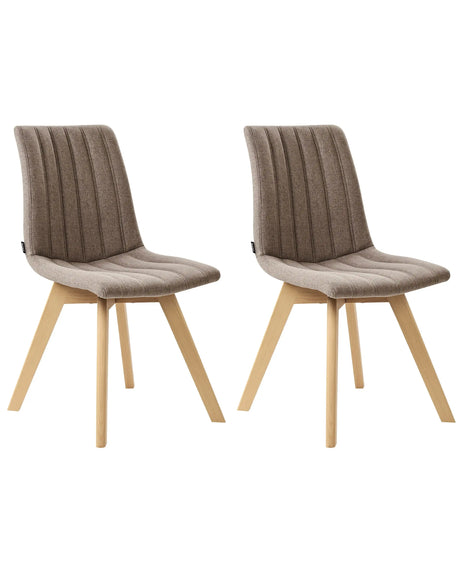 Set of 2 Chairs Brown Polyester Fabric Light Solid Wood Legs Vertical Padding Curved Back Beliani