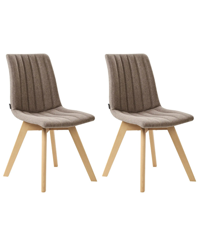Set of 2 Chairs Brown Polyester Fabric Light Solid Wood Legs Vertical Padding Curved Back Beliani