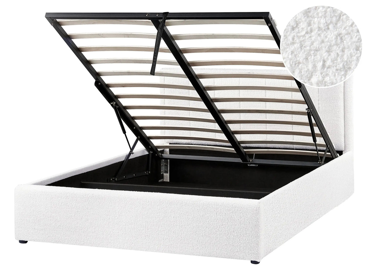 Ottoman Bed White Boucle EU Double Size 4ft6 Upholstered Frame Teddy with Headboard Beliani