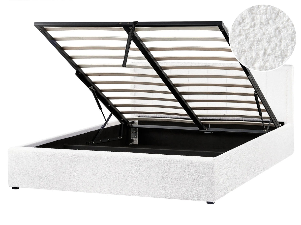 Ottoman Bed White Boucle EU King Size 5ft3 Upholstered Frame Teddy with Headboard Beliani