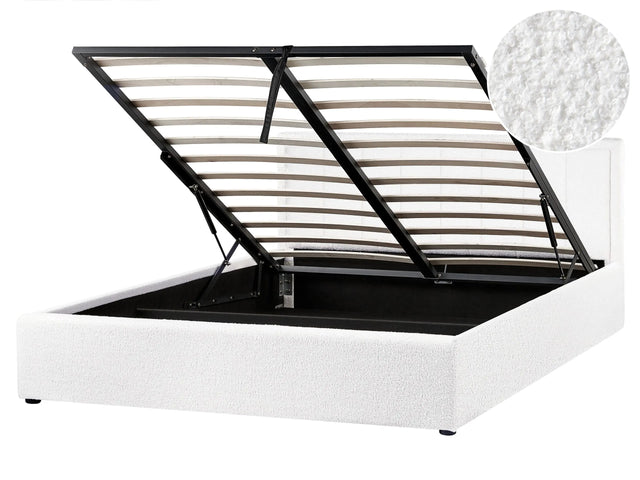 Ottoman Bed White Boucle EU King Size 5ft3 Upholstered Frame Teddy with Headboard Beliani