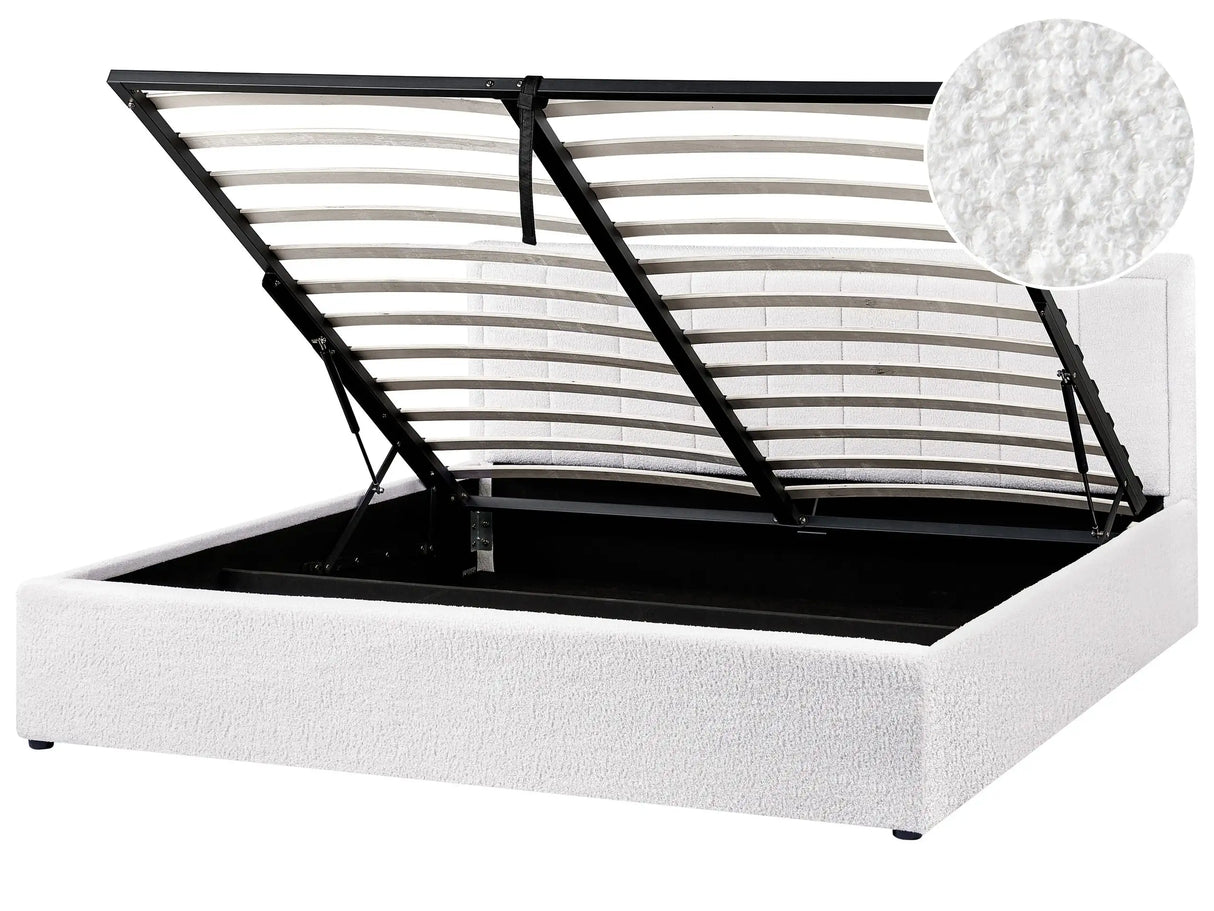 Ottoman Bed White Boucle EU Super King Size 6ft Upholstered Frame Teddy with Headboard Beliani
