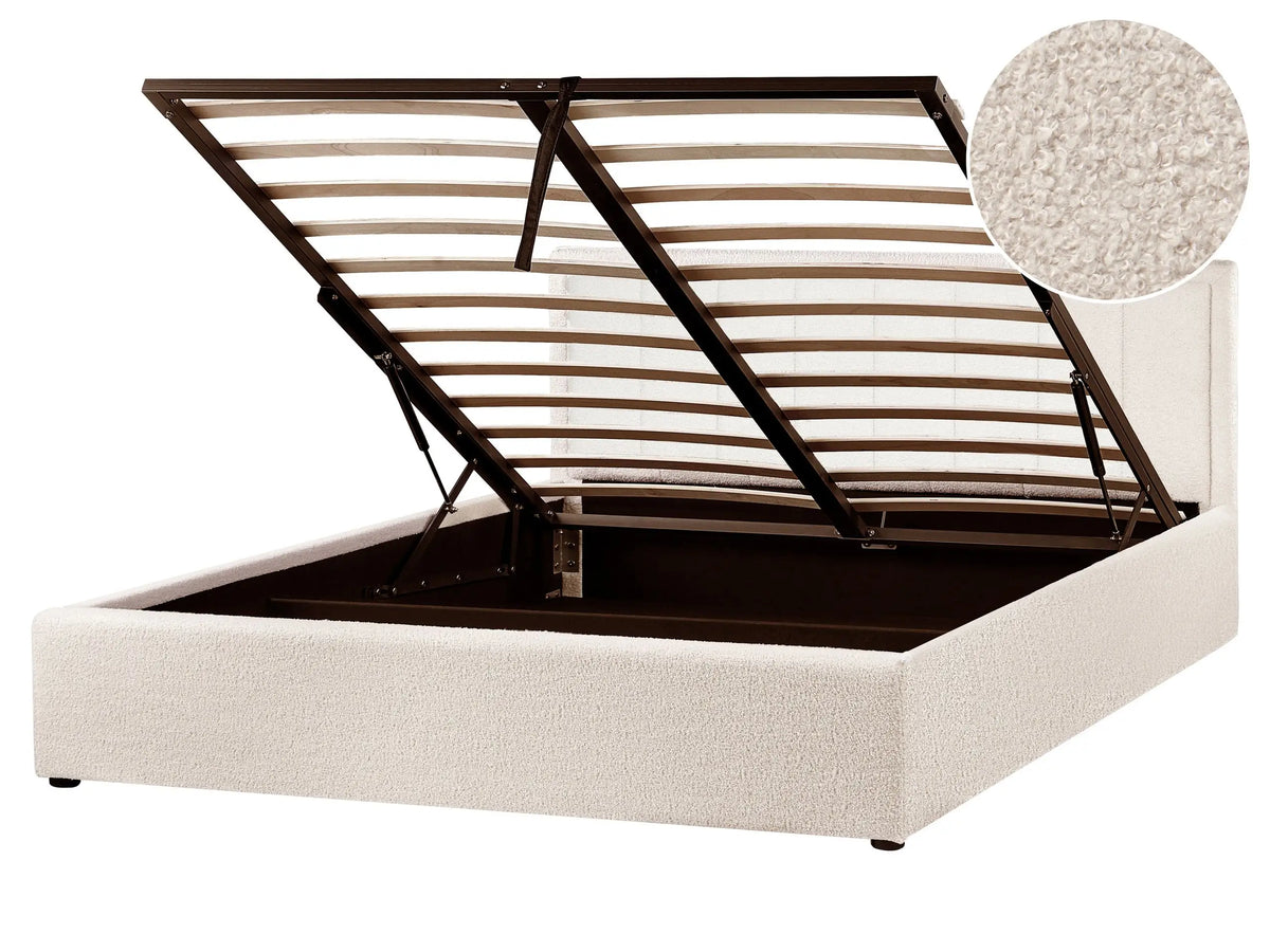Ottoman Bed Beige Boucle EU King Size 5ft3 Upholstered Frame Teddy with Headboard Beliani