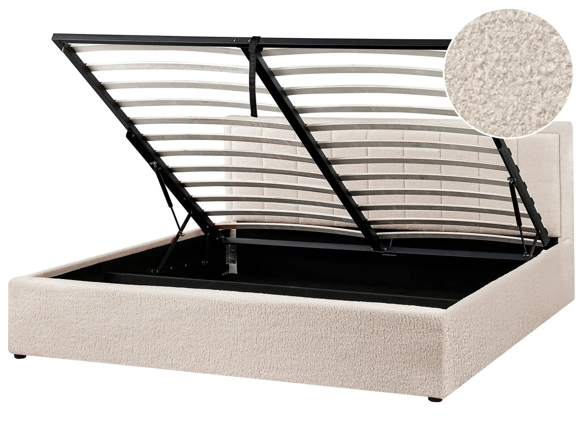 Ottoman Bed Beige Boucle EU Super King Size 6ft Upholstered Frame Teddy with Headboard Beliani