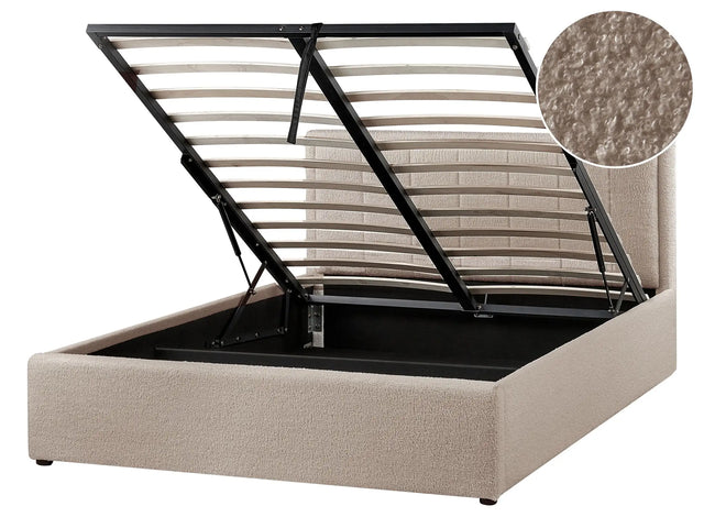 Ottoman Bed Taupe Boucle EU Double Size 4ft6 Upholstered Frame Teddy with Headboard Beliani