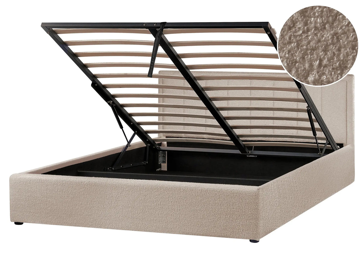 Ottoman Bed Taupe Boucle EU King Size 5ft3 Upholstered Frame Teddy with Headboard Beliani