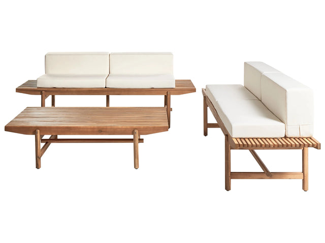 Garden Sofa Set Off-White Cushions Acacia Wood Rustic Outdoor 4 Seater 2 Benches with Coffee Table Beliani