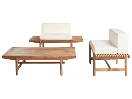 Garden Sofa Set Off-White Cushions Acacia Wood Rustic Outdoor 2 Seater 2 Benches with Coffee Table Beliani