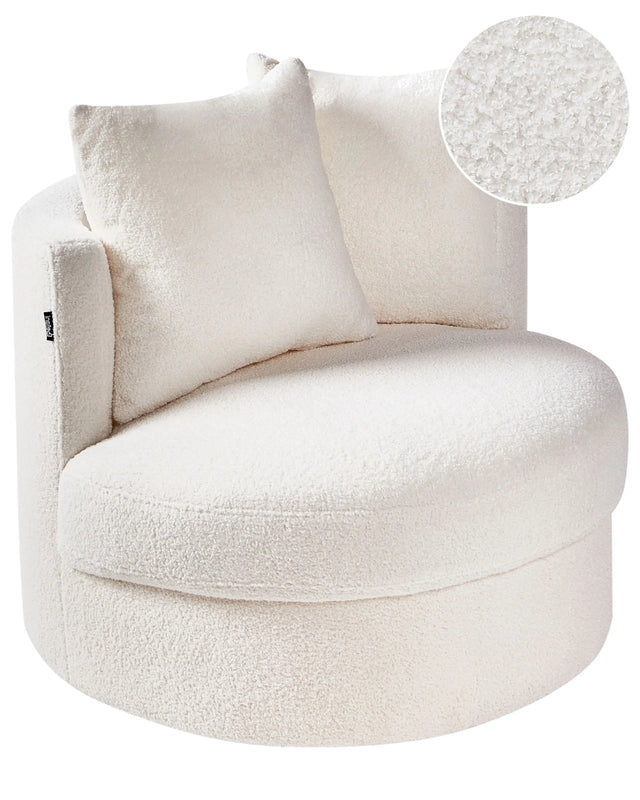 Armchair White Boucle Swivel Iron Base Two Cushions Round Back Modern Glam Style Living Room Beliani