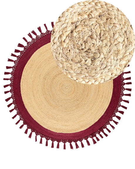 Area Rug Beige and Red Round 140 cm Boho Rustic Spiral Braided Plaited Handmade Natural Jute Bedroom Living Room Beliani