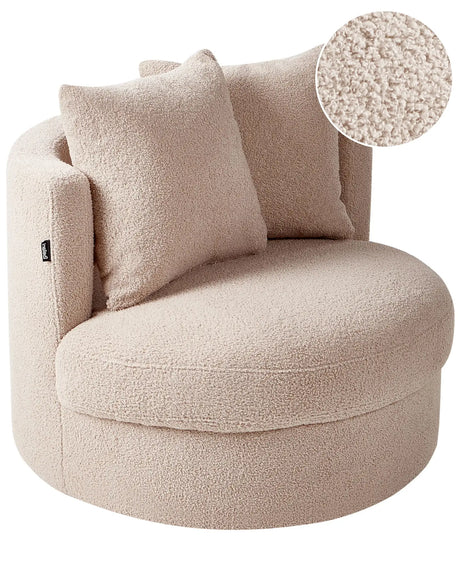 Armchair Beige Boucle Swivel Iron Base Two Cushions Round Back Modern Glam Style Living Room Beliani