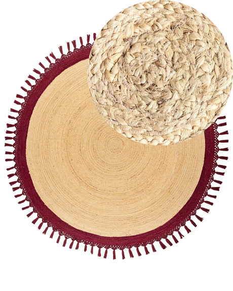 Area Rug Beige and Red Round 200 cm Boho Rustic Spiral Braided Plaited Handmade Natural Jute Bedroom Living Room Beliani