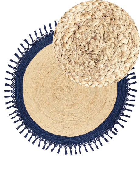 Area Rug Beige and Dark Blue Round 140 cm Boho Rustic Spiral Braided Plaited Handmade Natural Jute Bedroom Living Room Beliani