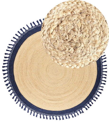 Area Rug Beige and Dark Blue Round 200 cm Boho Rustic Spiral Braided Plaited Handmade Natural Jute Bedroom Living Room Beliani