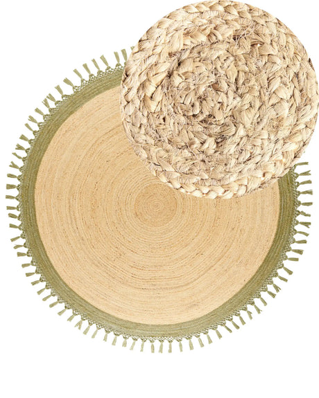 Area Rug Beige and Green Round 200 cm Boho Rustic Spiral Braided Plaited Handmade Natural Jute Bedroom Living Room Beliani
