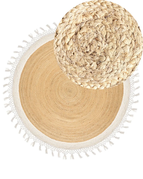 Area Rug Beige and White Round 200 cm Boho Rustic Spiral Braided Plaited Handmade Natural Jute Bedroom Living Room Beliani