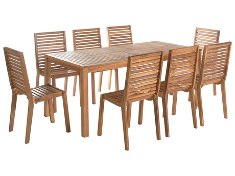 Garden Dining Set Light Brown Acacia Wood Table 180 x 90 cm 8 Outdoor Chairs Armless Rustic Style Beliani