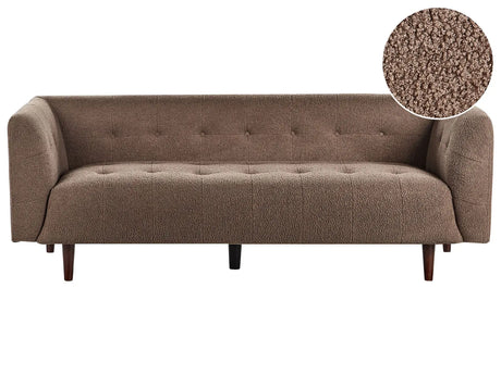 Sofa Brown Fabric Boucle Upholstery Wooden Legs 3 Seater Buttoned Couch Upholstery Rubberwood Legs Beliani