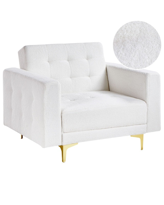 Armchair White Tufted Boucle Fabric Modern Living Room Reclining Chair Gold Legs Track Arm Beliani