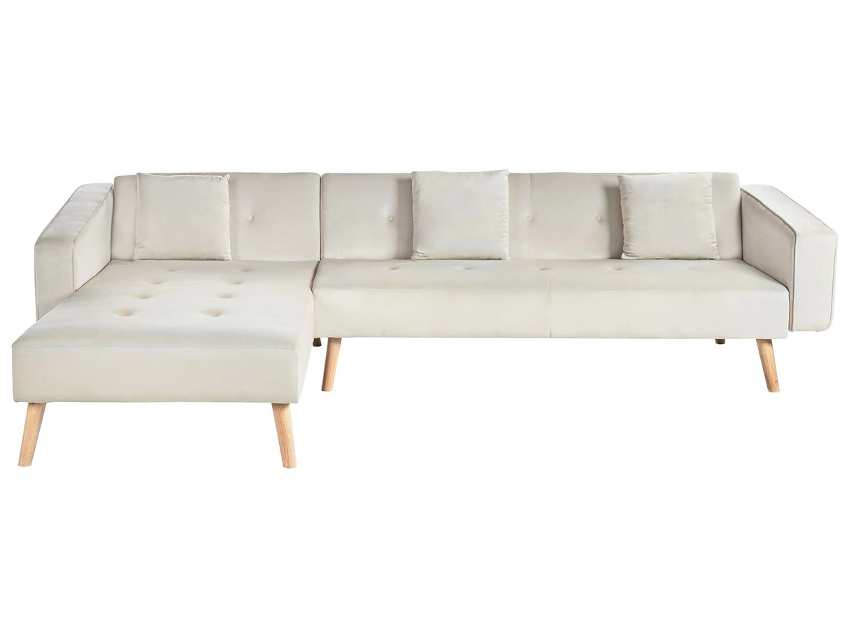 Corner Sofa Bed with 3 Pillows Light Beige Velvet Upholstery Light Wood Legs Reclining Right Hand Chaise Longue 4 Seater Beliani
