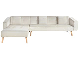 Corner Sofa Bed with 3 Pillows Light Beige Velvet Upholstery Light Wood Legs Reclining Right Hand Chaise Longue 4 Seater Beliani
