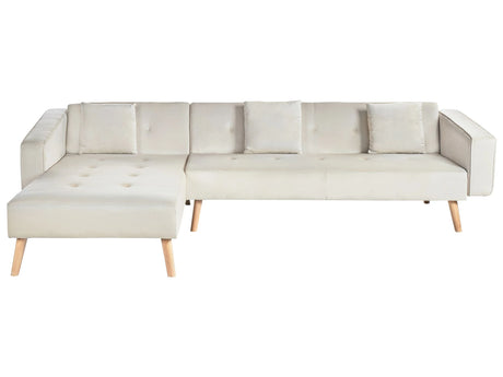 Corner Sofa Bed with 3 Pillows Light Beige Velvet Upholstery Light Wood Legs Reclining Right Hand Chaise Longue 4 Seater Beliani