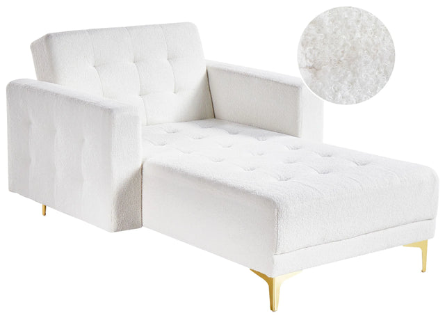Modern Chaise Longue Off-White Boucle Fabric Gold Legs Reclining Quilted Daybed Living Room Beliani