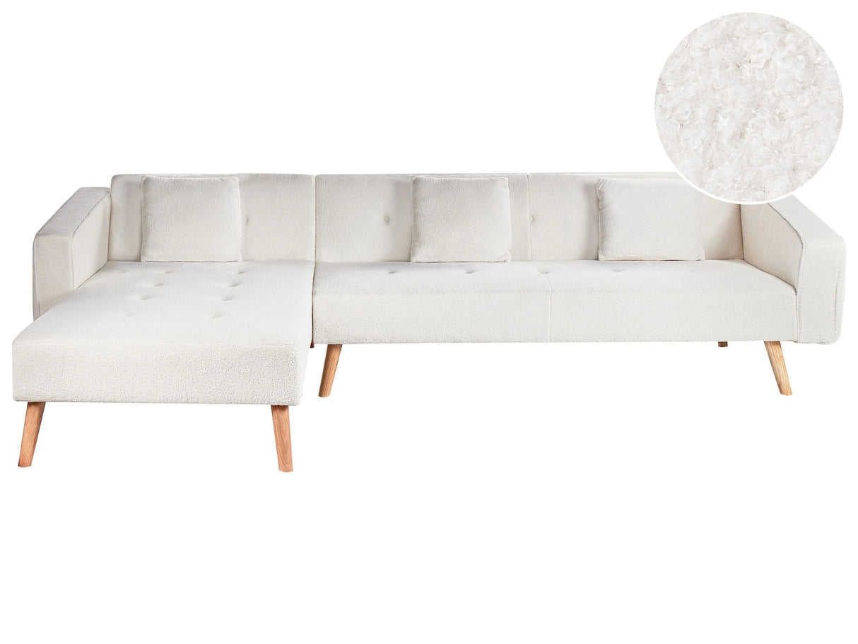 Corner Sofa Bed with 3 Pillows Off-White Boucle Upholstery Light Wood Legs Reclining Right Hand Chaise Longue 4 Seater Beliani