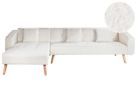 Corner Sofa Bed with 3 Pillows Off-White Boucle Upholstery Light Wood Legs Reclining Right Hand Chaise Longue 4 Seater Beliani