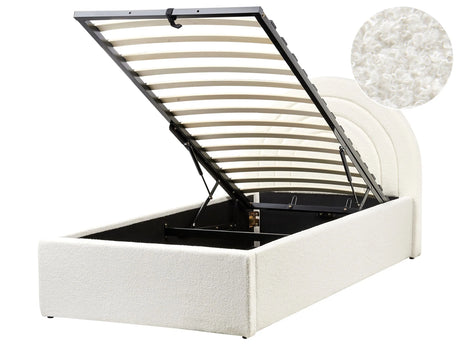 Bed Off White Boucle EU Single Size 3ft Minimalist Retro Design Ottoman Storage Slatted Base Half-Round Headboard Beliani