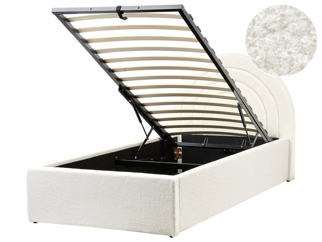Bed Off White Boucle EU Single Size 3ft Minimalist Retro Design Ottoman Storage Slatted Base Half-Round Headboard Beliani