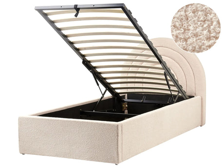 Bed Beige Boucle EU Single Size 3ft Minimalist Retro Design Ottoman Storage Slatted Base Half-Round Headboard Beliani