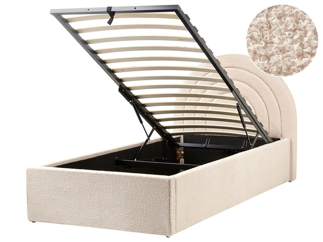 Bed Beige Boucle EU Single Size 3ft Minimalist Retro Design Ottoman Storage Slatted Base Half-Round Headboard Beliani