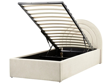 Bed Beige EU Single Size 3ft Minimalist Retro Design Ottoman Storage Slatted Base Half-Round Headboard Beliani