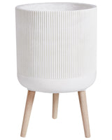 Elevated Plant Pot Light Beige 35x35x57 cm MgO Round Tall Planter Pinstriped Indoor Outdoor Weather Resistant Beliani