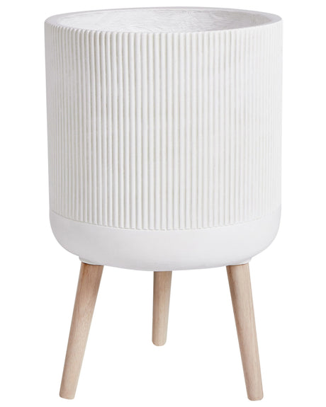 Elevated Plant Pot Light Beige 35x35x57 cm MgO Round Tall Planter Pinstriped Indoor Outdoor Weather Resistant Beliani