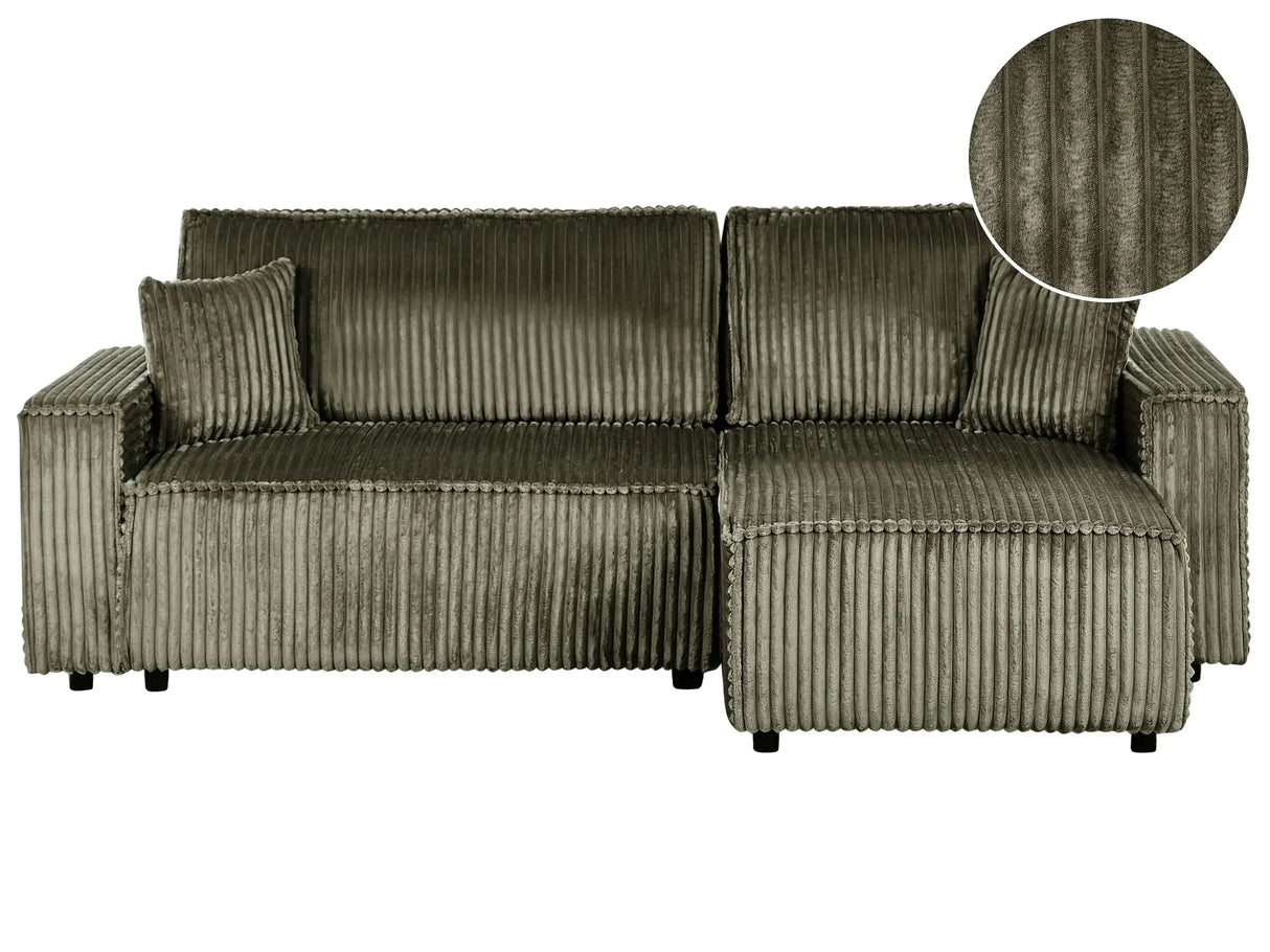 Left Corner Sofa Green Fabric Cord Upholstered with Sleeper Function Pull Out Pet Friendly Cushioned Back Beliani