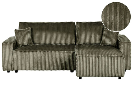 Left Corner Sofa Green Fabric Cord Upholstered with Sleeper Function Pull Out Pet Friendly Cushioned Back Beliani