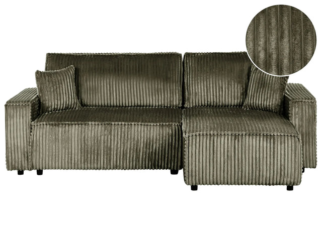 Left Corner Sofa Green Fabric Cord Upholstered with Sleeper Function Pull Out Pet Friendly Cushioned Back Beliani