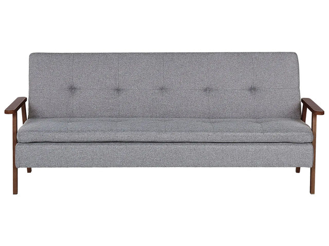 Sofa Bed Light Grey Fabric wirh Dark Wood Armrests Upholstered 3 Seater Click Clack Bed Wooden Frame Beliani