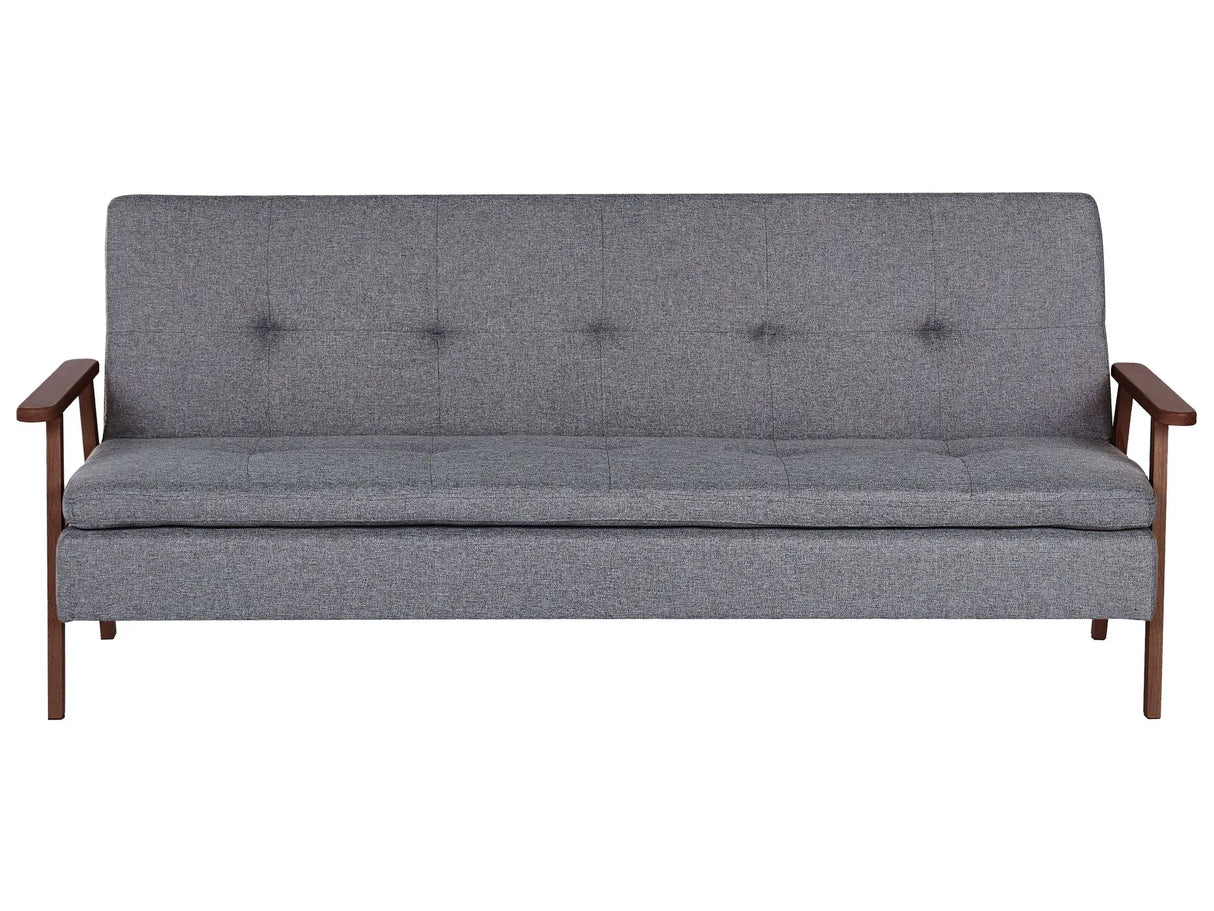 Sofa Bed Grey Fabric wirh Dark Wood Armrests Upholstered 3 Seater Click Clack Bed Wooden Frame Beliani