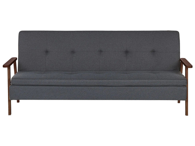 Sofa Bed Dark Grey Fabric wirh Dark Wood Armrests Upholstered 3 Seater Click Clack Bed Wooden Frame Beliani