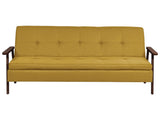Sofa Bed Mustard Fabric wirh Dark Wood Armrests Upholstered 3 Seater Click Clack Bed Wooden Frame Beliani