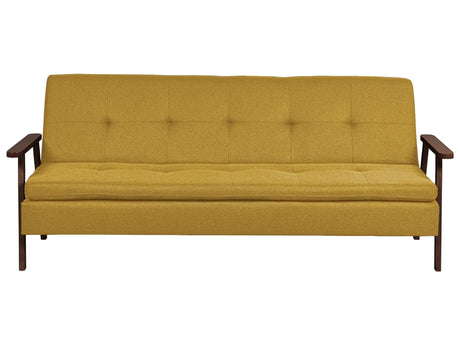 Sofa Bed Mustard Fabric wirh Dark Wood Armrests Upholstered 3 Seater Click Clack Bed Wooden Frame Beliani