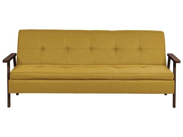 Sofa Bed Mustard Fabric wirh Dark Wood Armrests Upholstered 3 Seater Click Clack Bed Wooden Frame Beliani