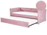 Trundle Bed Frame Pink Corduroy Upholstery EU Single Size 3ft Slatted Frame Nailhead Trim Glam Beliani
