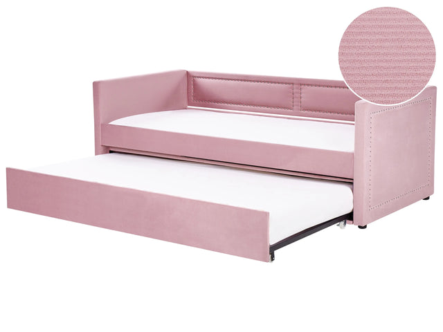 Trundle Bed Frame Pink Corduroy Upholstery EU Single Size 3ft Slatted Frame Nailhead Trim Glam Beliani