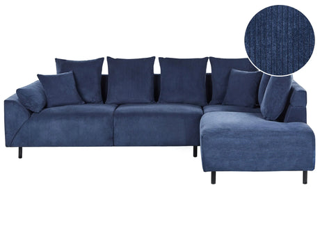 Corner Sofa Blue Corduroy Fabric Cushions Metal Black Legs Retro Design Pillowed Backrest Beliani