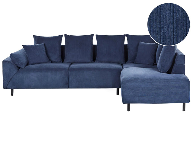 Corner Sofa Blue Corduroy Fabric Cushions Metal Black Legs Retro Design Pillowed Backrest Beliani